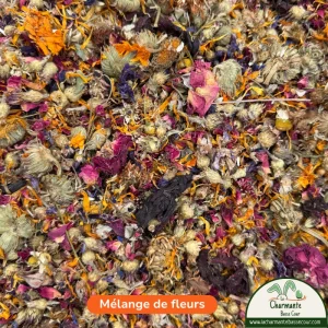 Mélange de fleurs pour lapin – vue d’ensemble de huit fleurs séchées
