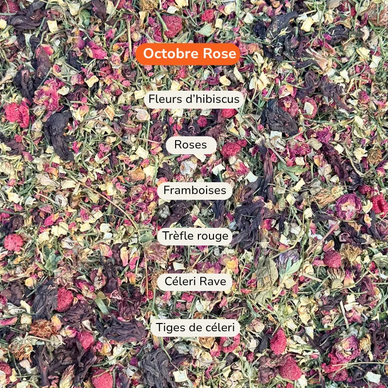 Composition du mélange octobre rose pour lapins : fleurs d'hibiscus, roses, framboises, trèfle rouge, céleri rave et tiges de céleri
