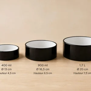 Trois gamelles en céramique noires et blanches de 400 ml, 900 ml et 1,7 L